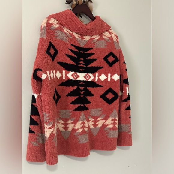Wanna B Coral Aztec Mock Neck 3/4 Zip Pullover Sweater Women’s Size L Cozy Fall - Picture 12 of 12